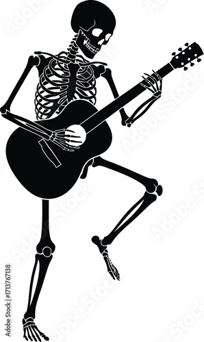 Vector illustration a skeletal figure playing a guitar with one leg raised against a plain light colored background
