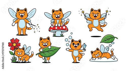 Whimsical Cat Fairy Illustrations: A collection of adorable cartoon cat fairies, each in a different charming pose, exuding a sense of magic and enchantment with soft hues and playful details.