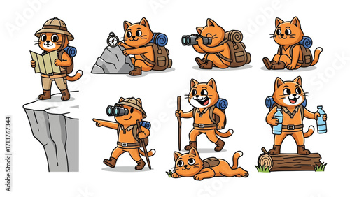Adventurous Cat Cartoon Set: A playful set of cartoon cats embodies the spirit of exploration and adventure, each engaged in different aspects of a journey, offering a delightful representation.