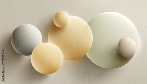 Soft, muted-toned spheres and circles overlap on a light beige background, creating a sense of gentle depth and calm
