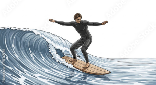 A surfer gracefully rides a large ocean wave, balancing on a surfboard.