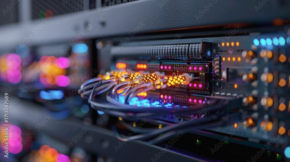 Naklejka premium A highly detailed, cinematic close-up of a high-performance computing (HPC) or AI server rack