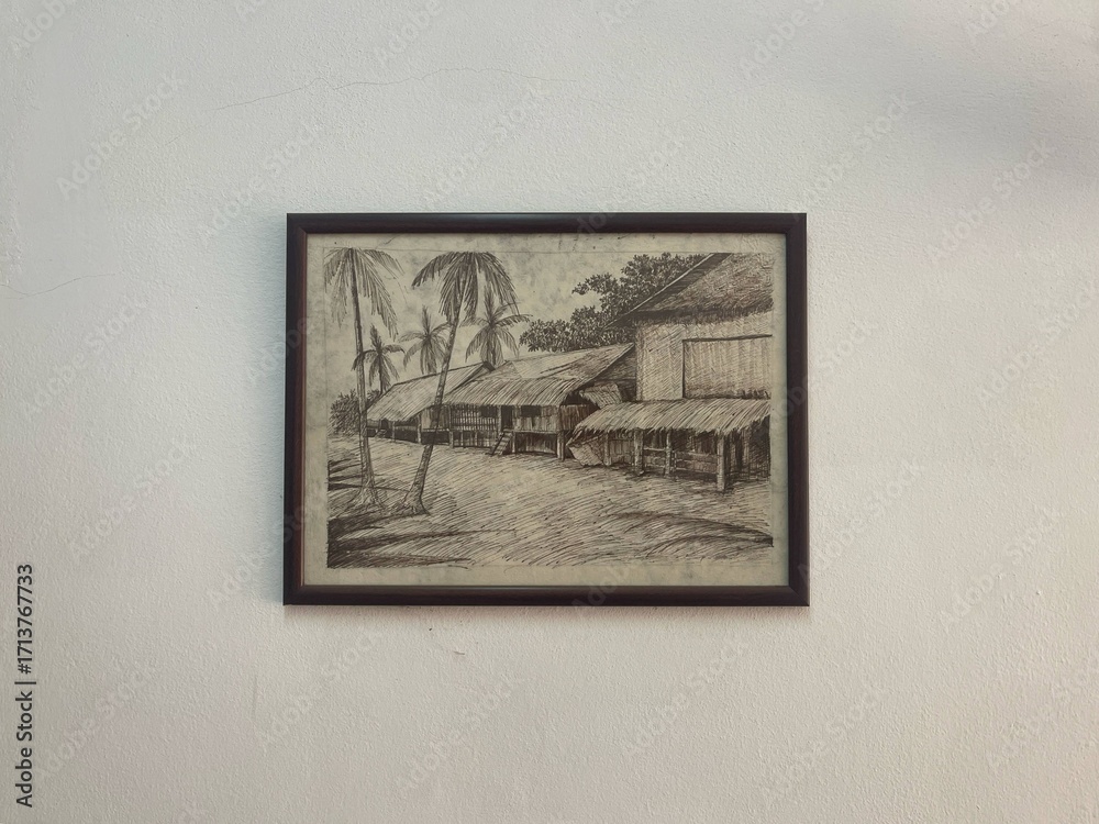 Fototapeta premium Artistic framed drawing of wooden village houses and tropical palm trees, handmade sketch illustration for wall art and interior decor.