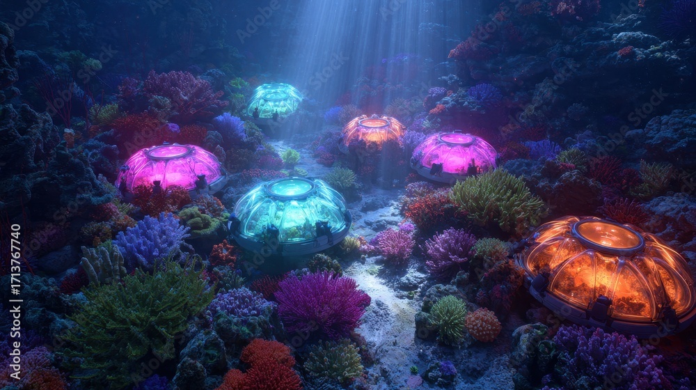 Fototapeta premium Glowing Coral Reef - Vibrant Underwater Ecosystem with Bioluminescent Flora and Sunbeams.