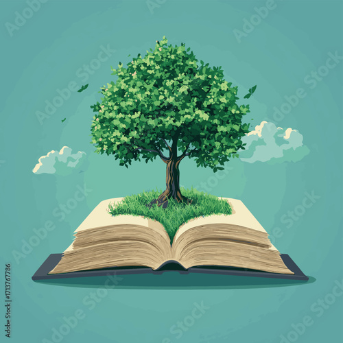 Book with tree on top symbolizing carbon footprint ledger for environmental accountability and sustainable practices , vector style simple color