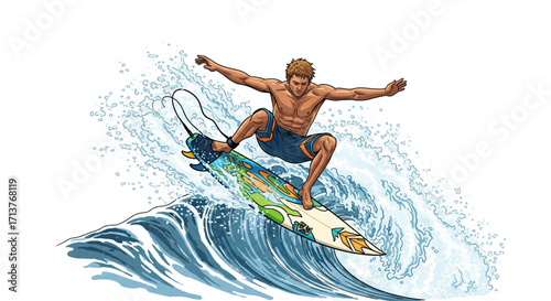 A surfer skillfully rides a wave, arms outstretched, showcasing dynamic balance and ocean power.