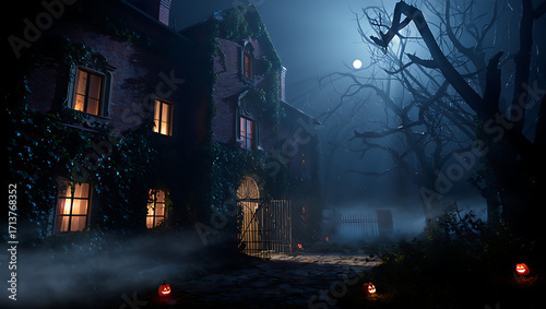 Fotografie Eerie dark haunted mansion at night with glowing windows and misty atmosphere si