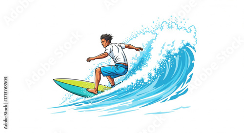 A surfer rides a large, curling ocean wave, enjoying the thrill of the ride.