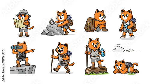 Adventurous Cartoon Explorer Cat Characters: A delightful collection of cartoon cats, each embodying the spirit of adventure and exploration.