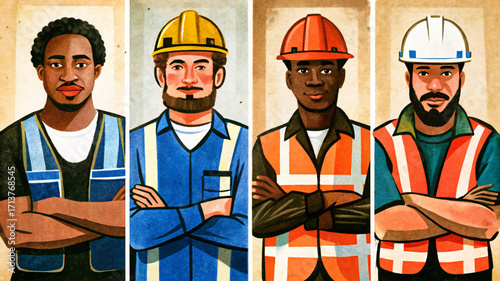 Set of confident male construction worker vector illustrations. man in safety vest and hard hat standing with arms crossed, symbolizing strength, safety, and professionalism