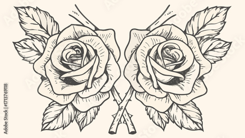 Vintage sketched roses with crossed stems, perfect for elegant invitations and love themed designs