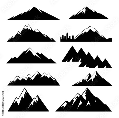 Collection of Black and White Mountain Silhouettes with Cityscape