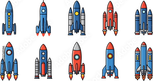 Collection of colorful cartoon rockets ready for space adventure
