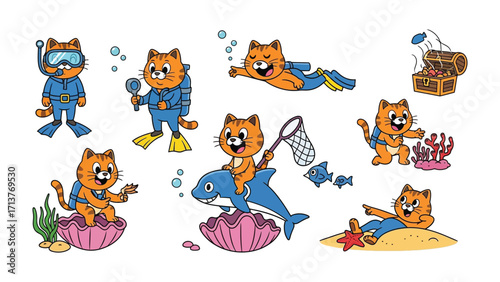 Cat's Underwater Adventure: An endearing cartoon cat embarks on an underwater escapade. Equipped with scuba gear and exploring underwater realms.