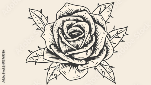 Elegant rose blossom with detailed leaves, a symbol of love and beauty for timeless designs