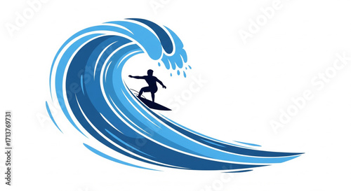A silhouetted surfer rides a large, stylized ocean wave, demonstrating skill and balance.