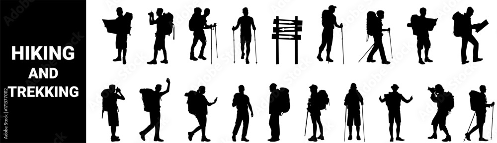 Obraz premium Hiker silhouettes. Hiker with trekking poles , checking maps for direction, taking picture, backpacks and hats. 