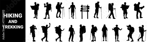 Hiker silhouettes. Hiker with trekking poles , checking maps for direction, taking picture, backpacks and hats. 