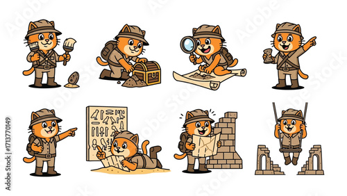 Cute Explorer's Adventurous Journey: Adorable explorer cat character on a exciting treasure hunt, set against a backdrop of discovery, history and adventure. 