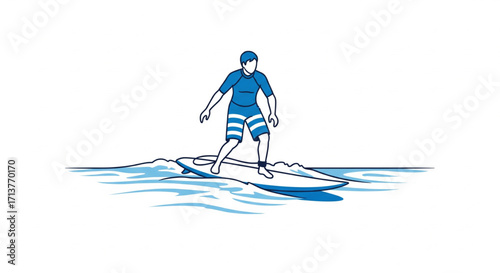 Illustration of a surfer riding a wave, depicted in blue lines on a white background.