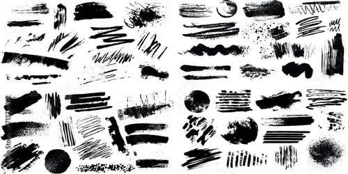 set of hand drawn ink splashes with various pencil sketch art, collection of grunge Black Brush Stroke Textures grunge paint, dust grain, vintage noise, distressed worn effects, retro backgrounds.