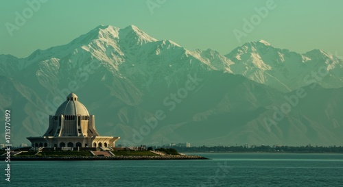Ruhyyet palace with mountains and lake in turkmenistan