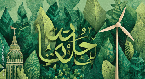 Green energy initiative in the Middle East symbolized by a wind turbine and mosque minaret amidst lush foliage