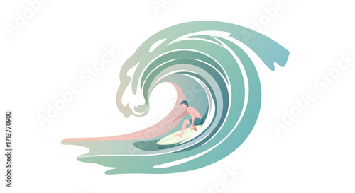 A surfer rides a large, stylized wave with pastel colors on a white background.