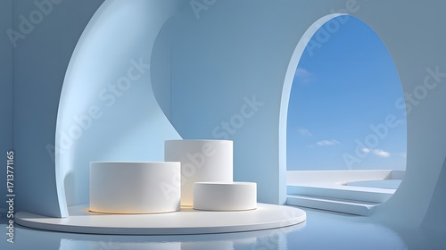 Modern Minimalist Display with Soft Blue Colors and Natural Light
