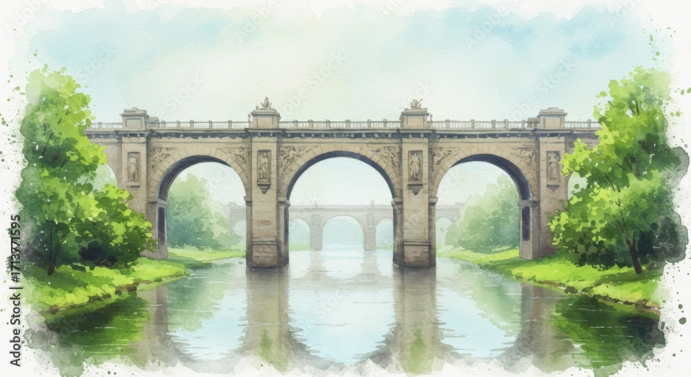 Fototapeta premium Watercolor painting of a stone bridge over a river