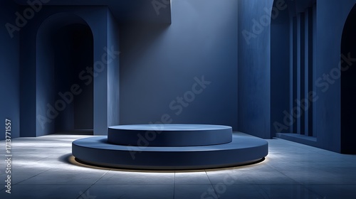 Modern Blue Interior with Pedestal and Soft Light Accent