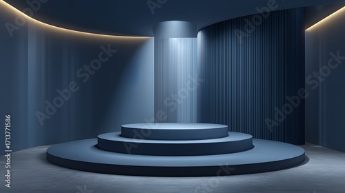Modern Minimalist Stage Design with Soft Blue Lighting and Textures