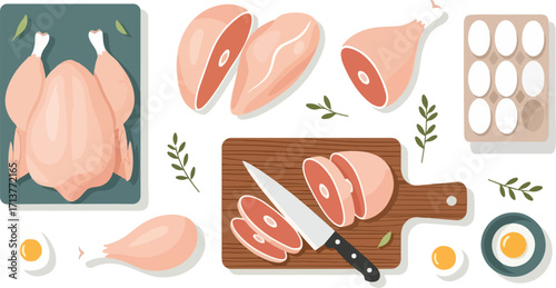 Culinary flat lay vector illustration featuring an assortment of raw chicken pieces, a whole bird, and eggs, ideal for recipes and healthy eating themes
