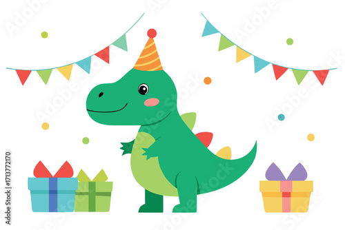 Cartoon Dinosaur Birthday Party Green TRex with Hat and Presents Illustration
