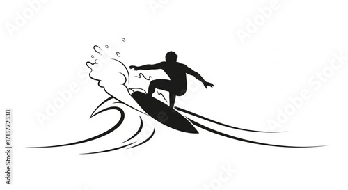 Silhouette of a surfer riding a wave, dynamic action, simple design.