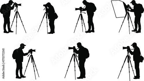 Silhouette vector illustration of photographers using cameras on tripods, adjusting lenses, setting lights, capturing photos, professional photography, shooting, equipment.