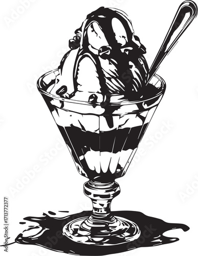 Delicious Sundae Delight: A refreshing ice cream sundae, drizzled with rich chocolate, is served in an elegant glass, a perfect treat for any occasion.