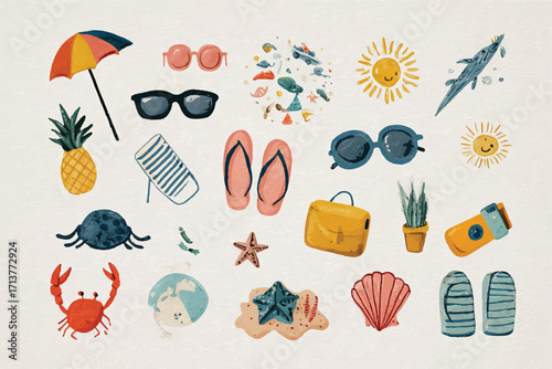 Summer Vacation Themed Watercolor Illustration Featuring Beach Items for Creative Projects and Designs