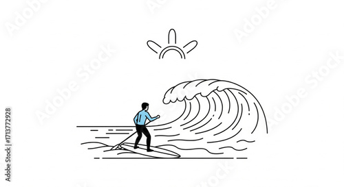 A minimalist illustration depicts a surfer riding a large ocean wave under the sun.