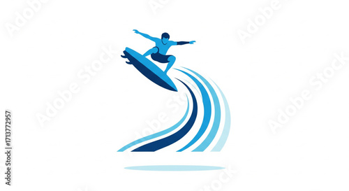 Stylized illustration of a surfer riding a blue wave, jumping high in the air, against a white background.