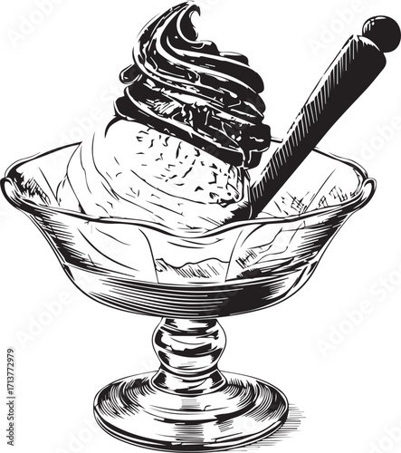 Sweet Indulgence: A delicate sketch captures the essence of a delectable dessert. A generous scoop of creamy ice cream crowned with rich chocolate, cradled in an elegant glass bowl
