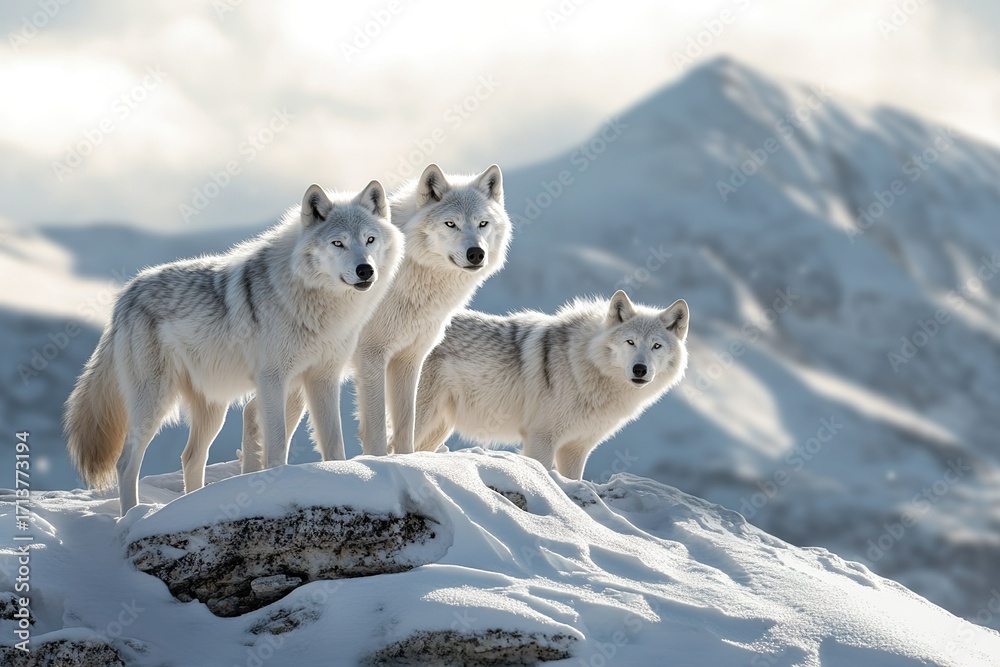 Naklejka premium A family of Arctic wolves standing on a snowy mountain, fur blowing in the wind, intense and powerful gaze