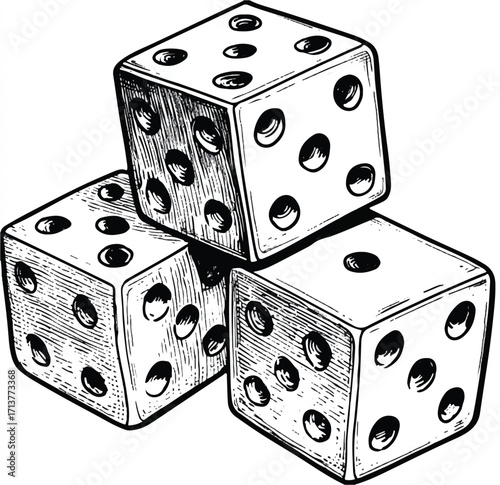 Three Dice Stacked Illustration Hand Drawn Style Gambling Game Luck Chance Number Concept