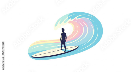 Silhouette of a surfer riding a vibrant wave, stylized illustration.