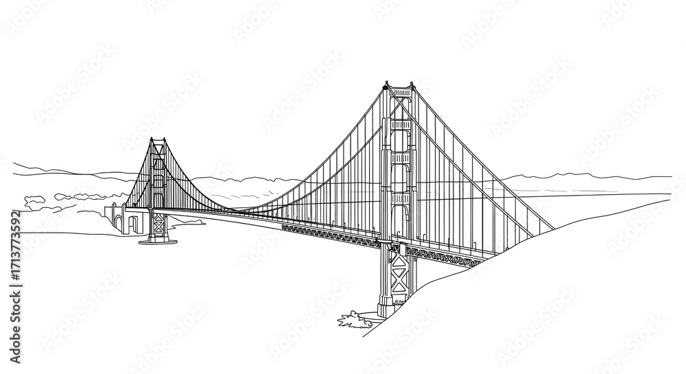 Fototapeta premium Suspension Bridge Line Art Above Water on White Background