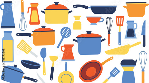 A vibrant collection of kitchen and cookware icons. Flat design vector illustration set featuring pots, pans, and utensils for culinary and food preparation concepts
