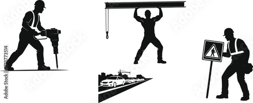 Silhouette Vector of Construction Workers with Tools, Signage, Jackhammer, and Steel Beam – Industrial and Roadwork Labor Elements Illustration