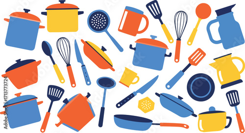 A diverse collection of vibrant kitchen utensils and cookware, perfect for culinary enthusiasts and cooking-related projects in a flat, illustrative style