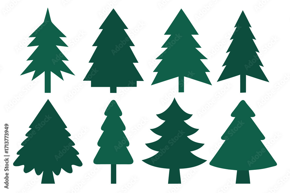 Obraz premium Eight Dark Green Christmas Tree Silhouettes Isolated on White Background, Festive Resource
