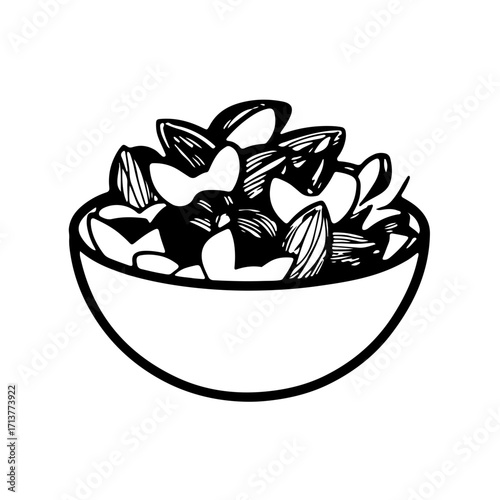 A striking black and white icon depicting a variety of nuts served together in a bowl, such as a mix of cashews, almonds, and pistachios